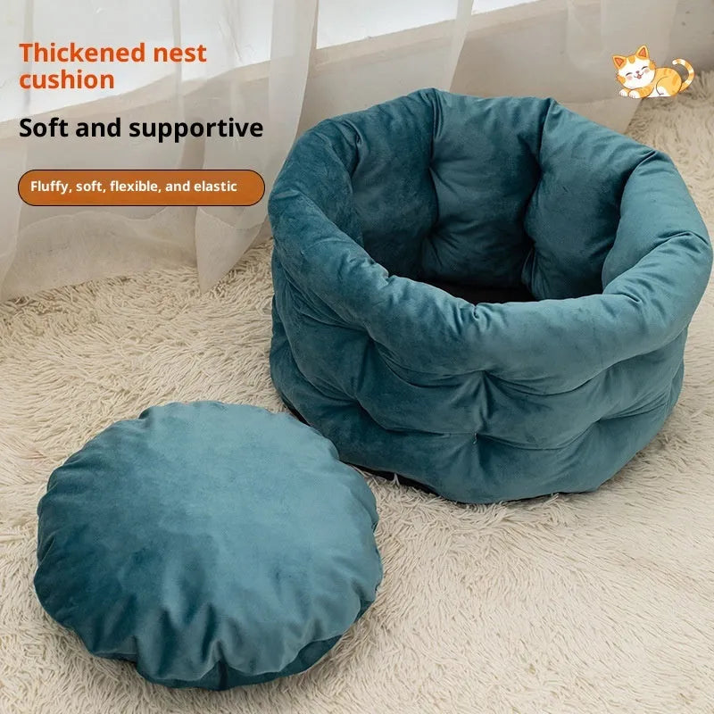 Cathouse Doghouse cloth cat bed in emerald blue, M size, on floor for winter use