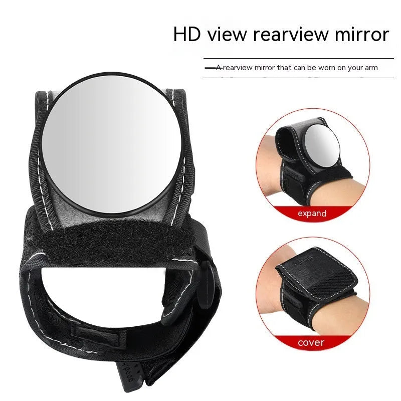 Black nylon bicycle wrist-mounted rear-view mirror for cycling safety.