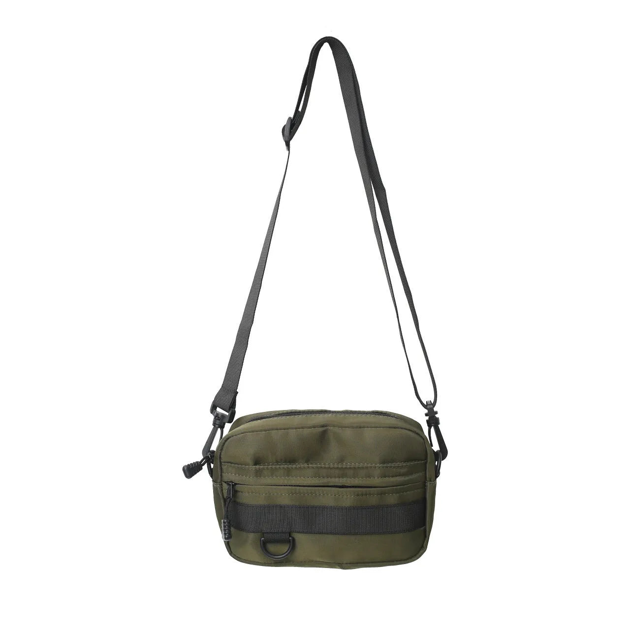 Men's street style nylon messenger bag in black with crossbody strap and sewing thread detailing