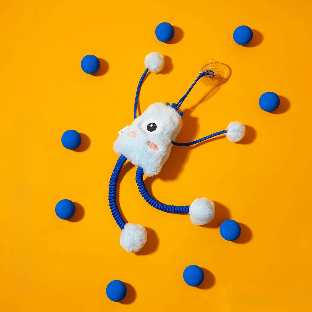Blue plush ring cat toy with mint bell on an elastic rope