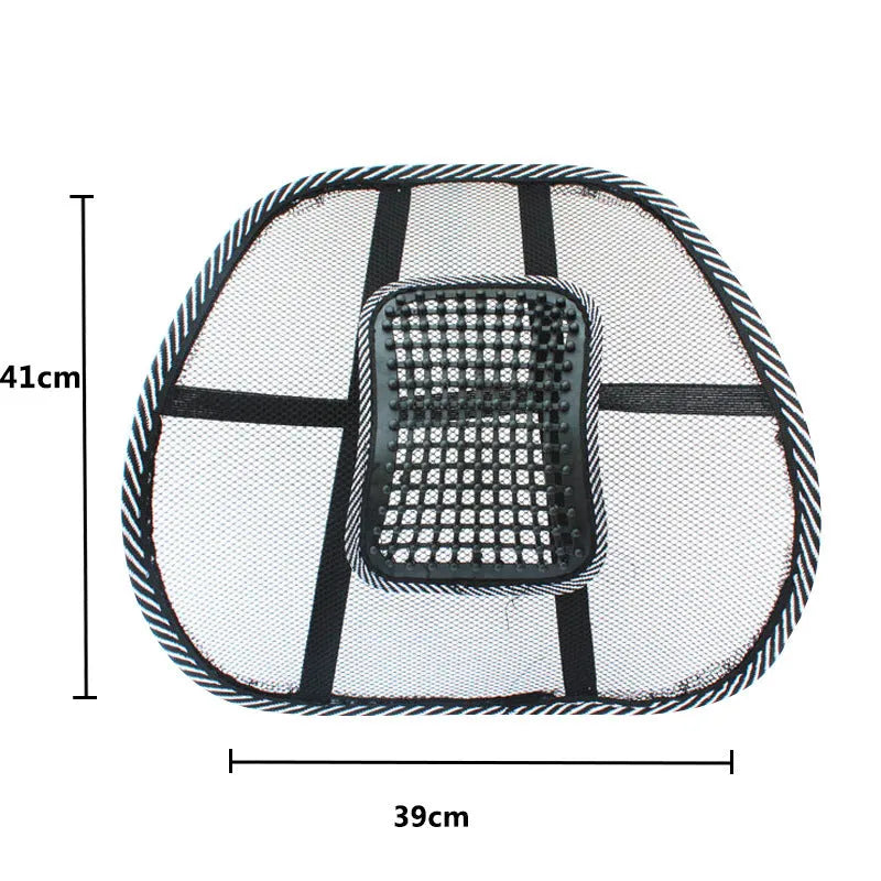Black car lumbar support pillow showing 41x39cm dimensions and polypropylene fibre material.