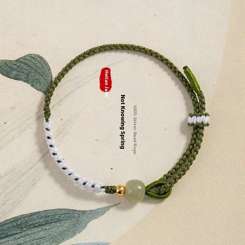 Hetian jade and sterling silver bracelet with colourful carrying strap in national tide style