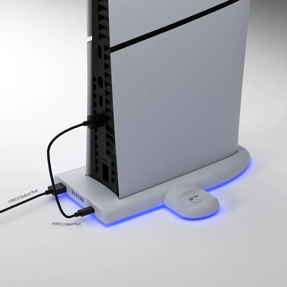 White PS5 Slim charging base with cooler pad, RGB lights, and USB charger