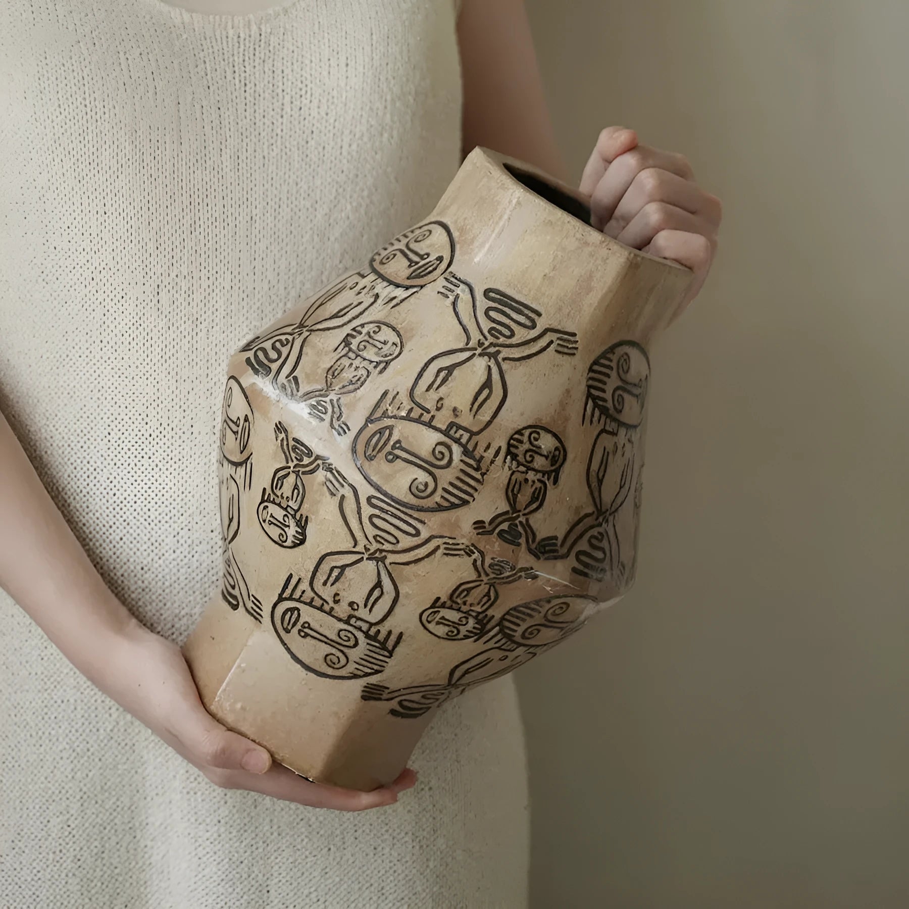 Hand-painted ceramic cylindrical vase with vintage carved art design in tribal totem flower colours