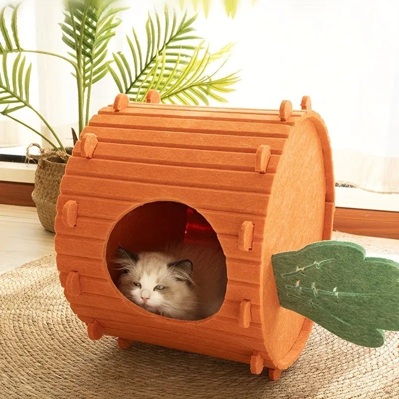 Carrot-orange semi-enclosed felt cat tunnel nest for play and sleeping.