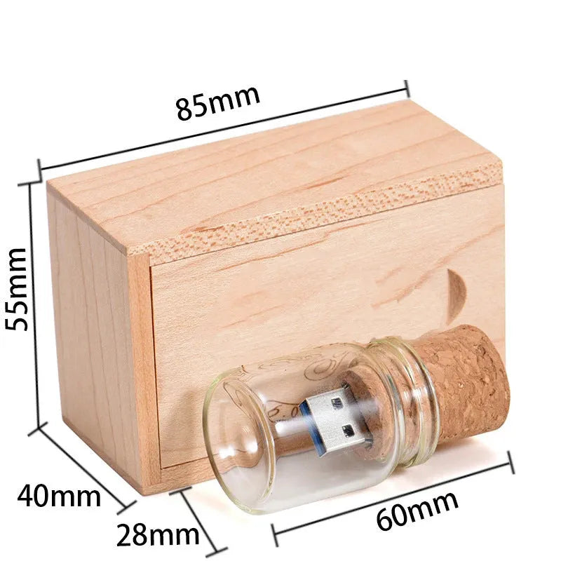 Chocolate brown wooden drift bottle shaped USB flash drive with personalised lettering graphic customisation