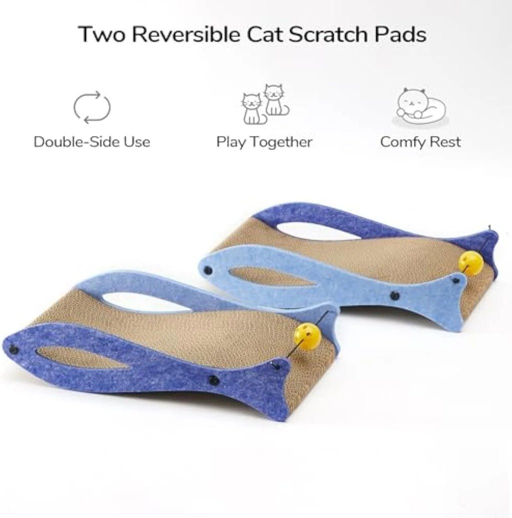 Blue fish-shaped cardboard cat scratcher lounge with wavy design and hanging bell ball toys