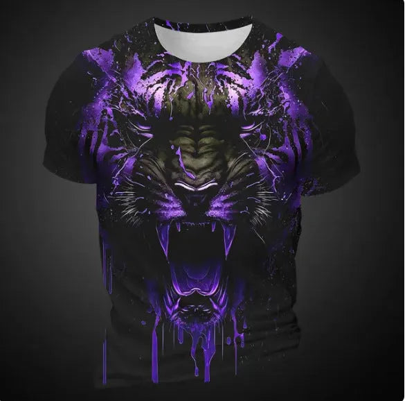 Men's 3D tiger pattern short sleeve T-shirt in bird eye polyester fabric