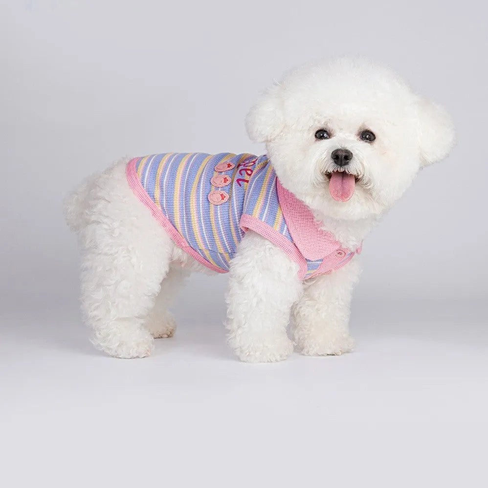 Pink purple pet vest for small dogs and cats showing size range from XXS to XXL