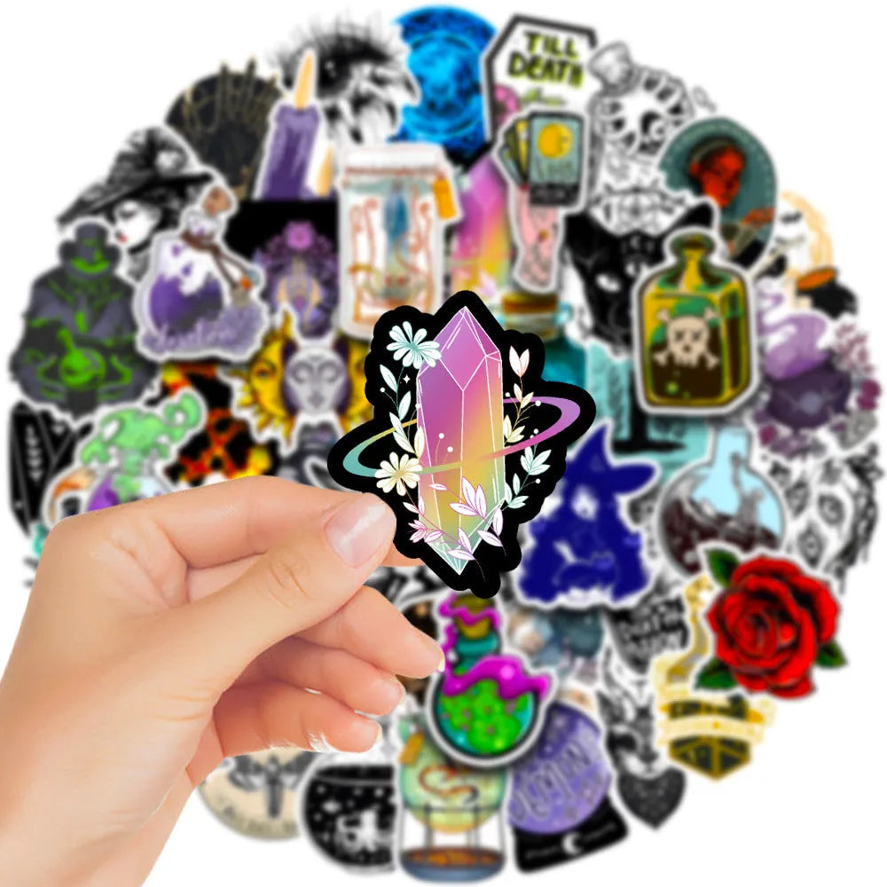Pack of 50 waterproof PVC stickers with glossy finish for laptops and smooth surfaces.