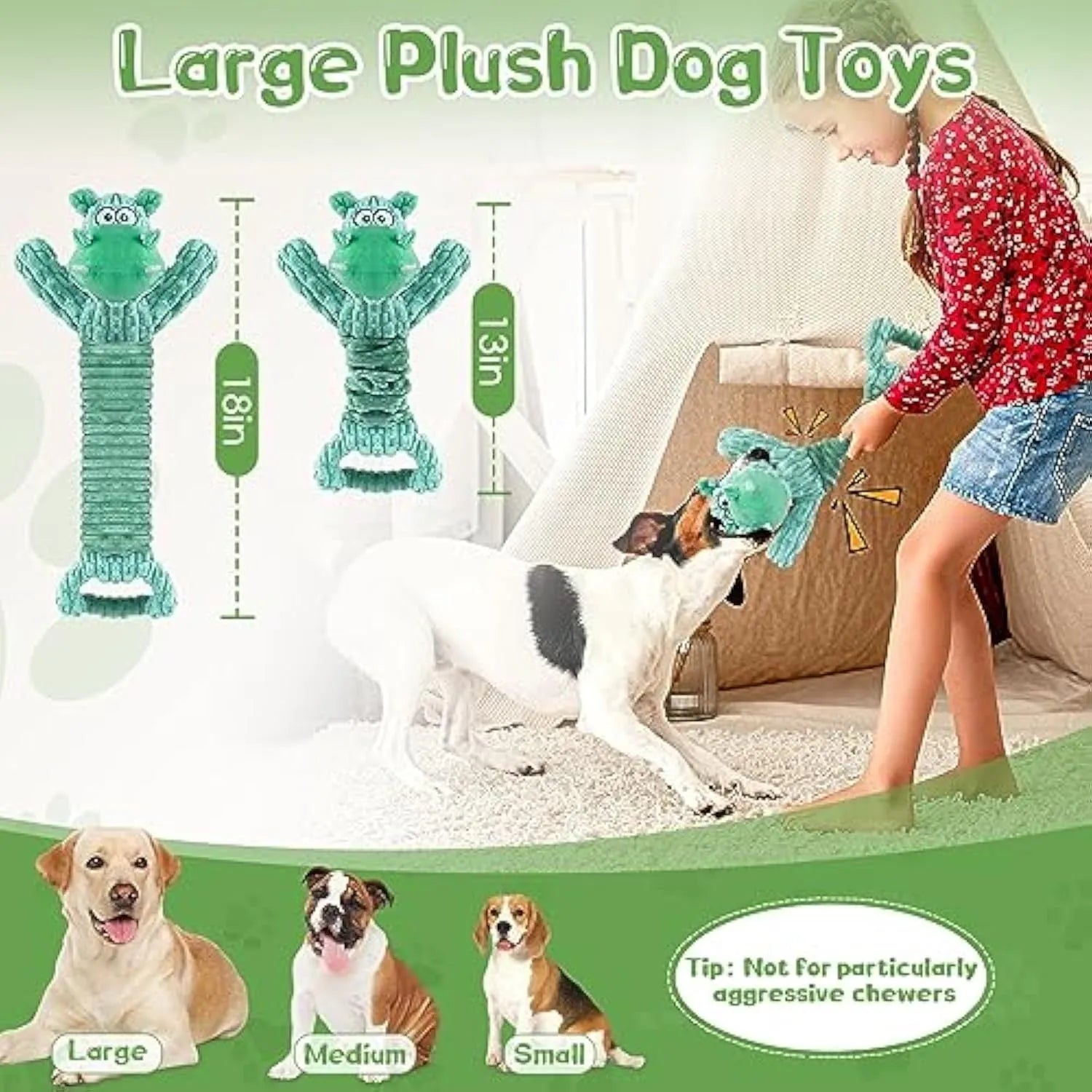 Large soft plush squeaky dog toy in animal design with a handle for tug of war.