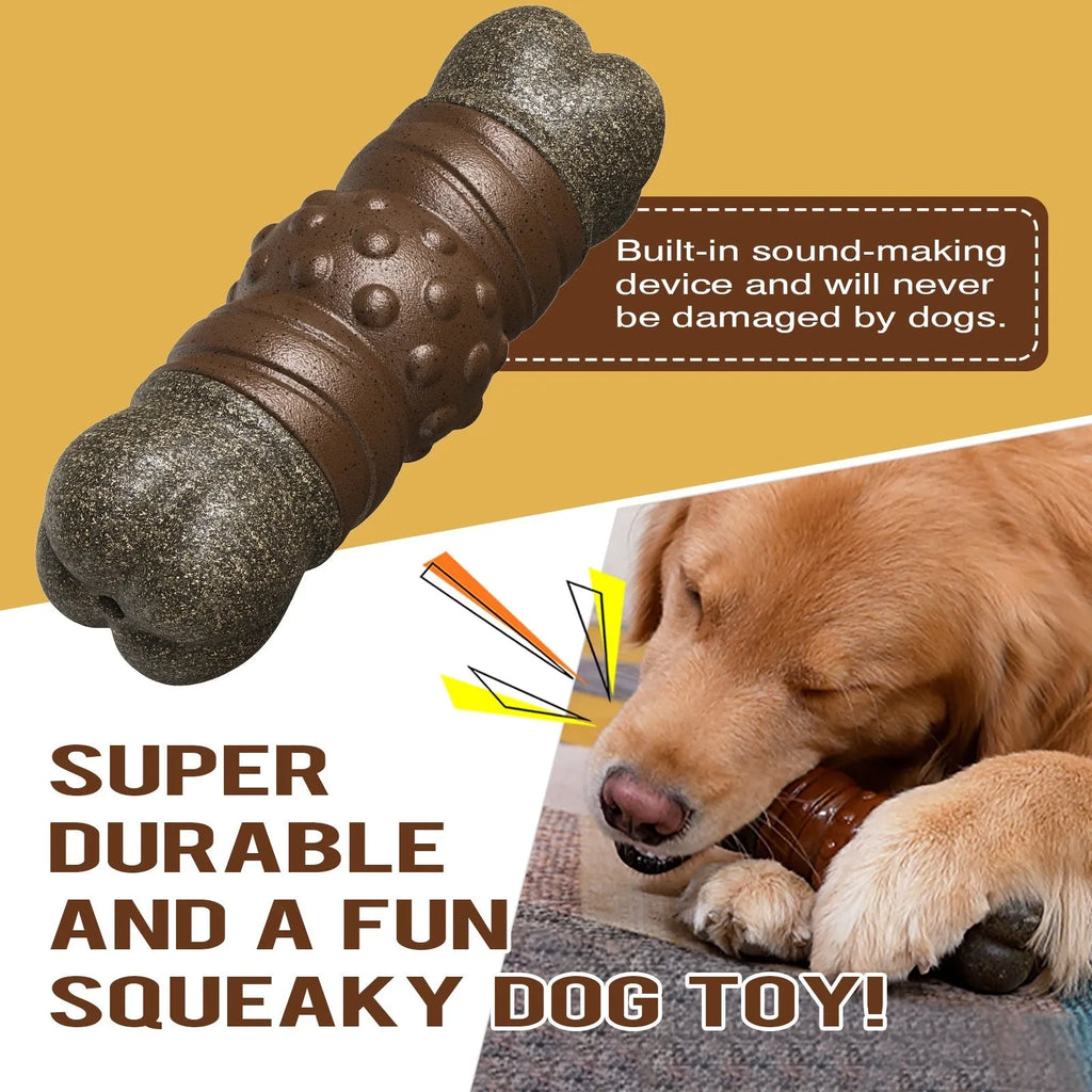 Wood colour plastic bone dog toy with molar rod toothbrush design for dental cleaning