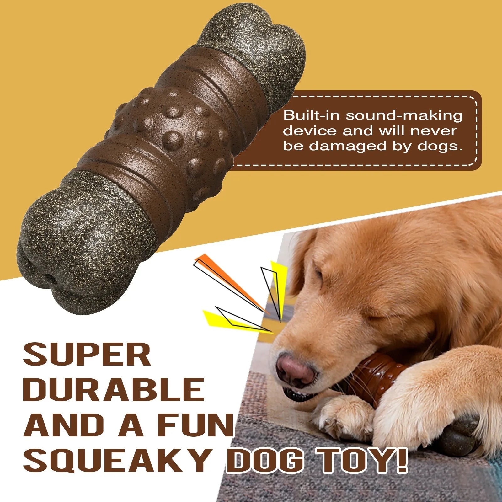 Wood colour plastic bone dog toy with molar rod toothbrush design for dental cleaning