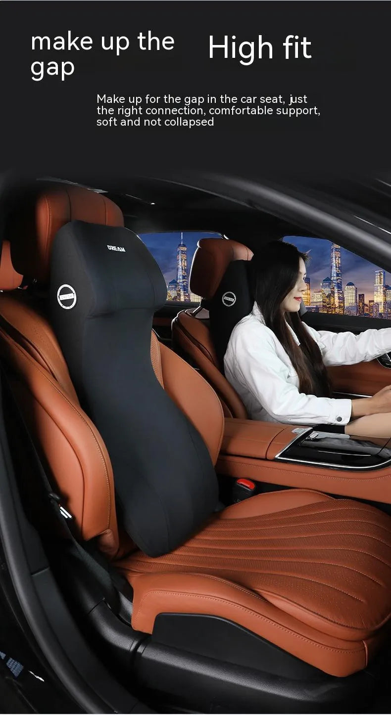 Automotive memory foam waist cushion and headrest support pillow in integrated one-piece design