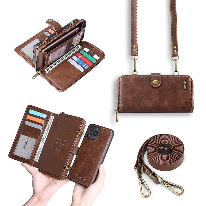 Detachable wallet flip phone case in black for iPhone and Samsung Galaxy with magnetic closure