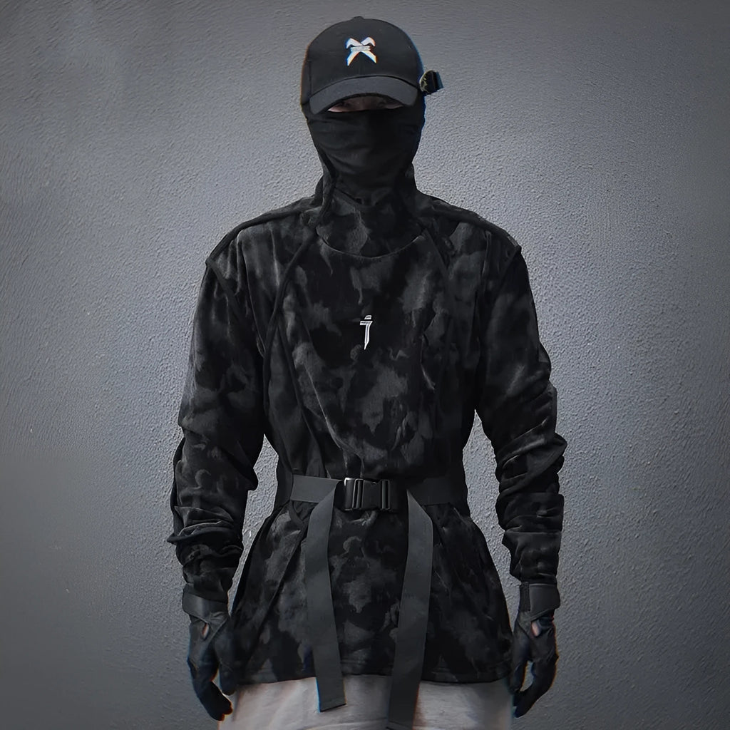 Men's black and grey tie-dye printed finger turtleneck sweater with drop shoulders and long sleeves.
