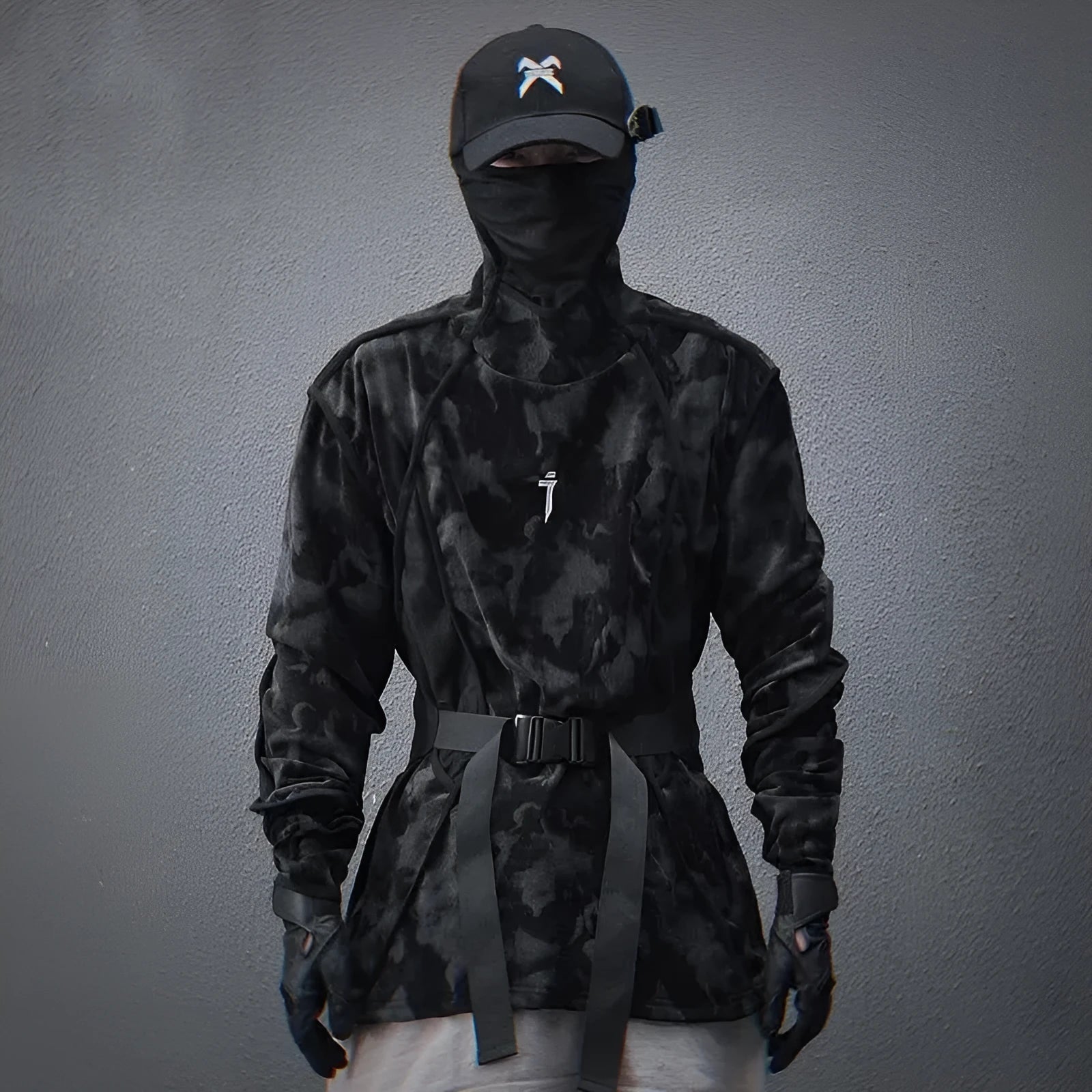 Men's black and grey tie-dye printed finger turtleneck sweater with drop shoulders and long sleeves.