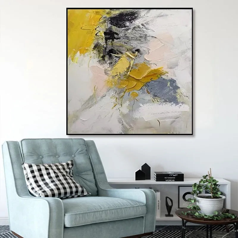 Hand painted abstract oil painting on canvas, modern square artwork, gold and black tones, for living room wall decor