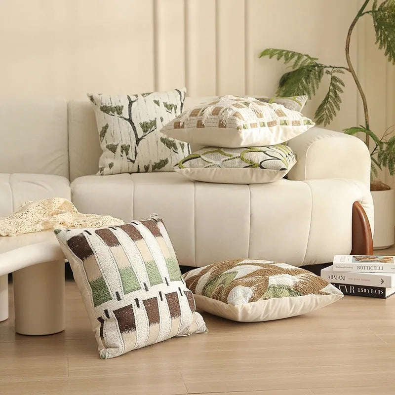 Square Jacquard pillow cover with detailed retro floral pattern on a grey sofa, showing 45x45cm size.