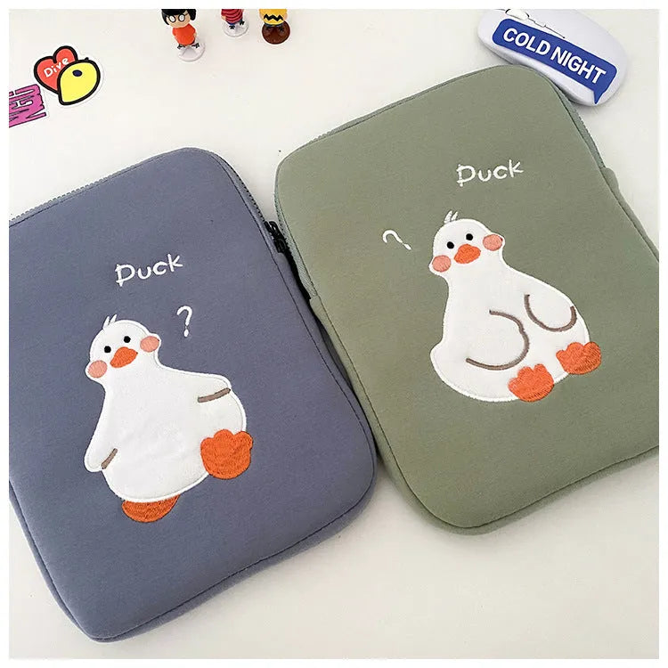 Blue cotton tablet case with cartoon duck embroidery and zipper closure for 11-16 inch devices