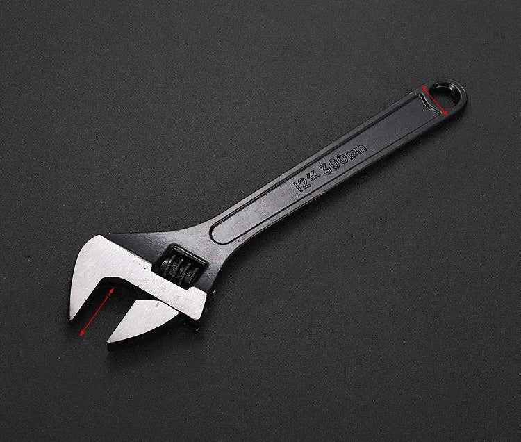 High carbon steel open-end adjustable wrench with black finish on a grey background.