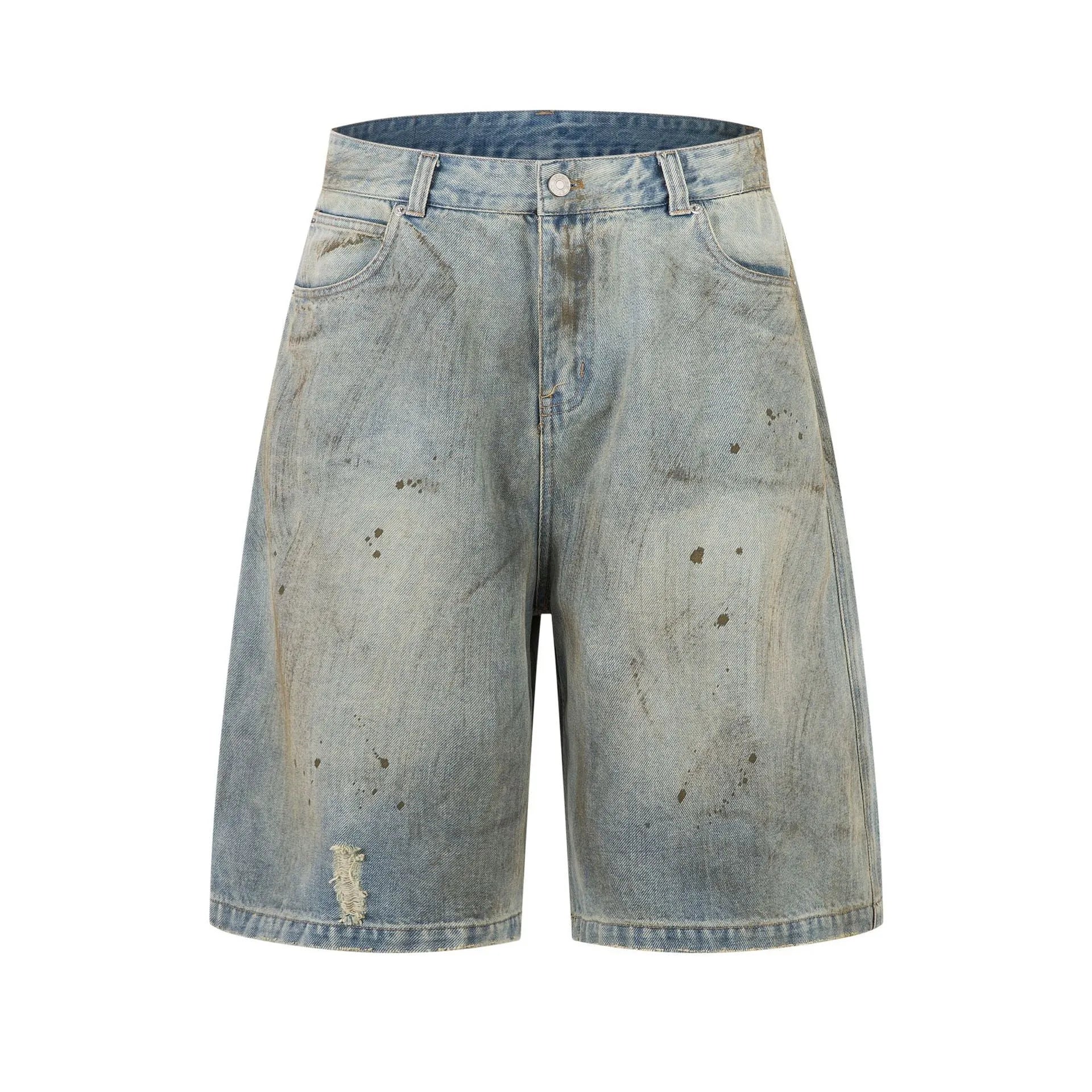 Blue washed denim straight-leg mid-length trousers with zipper fly closure
