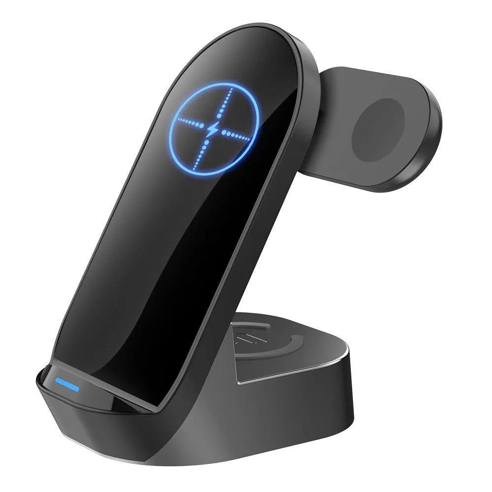 Black foldable 3-in-1 wireless charging stand showing phone, watch and earbuds case charging simultaneously.