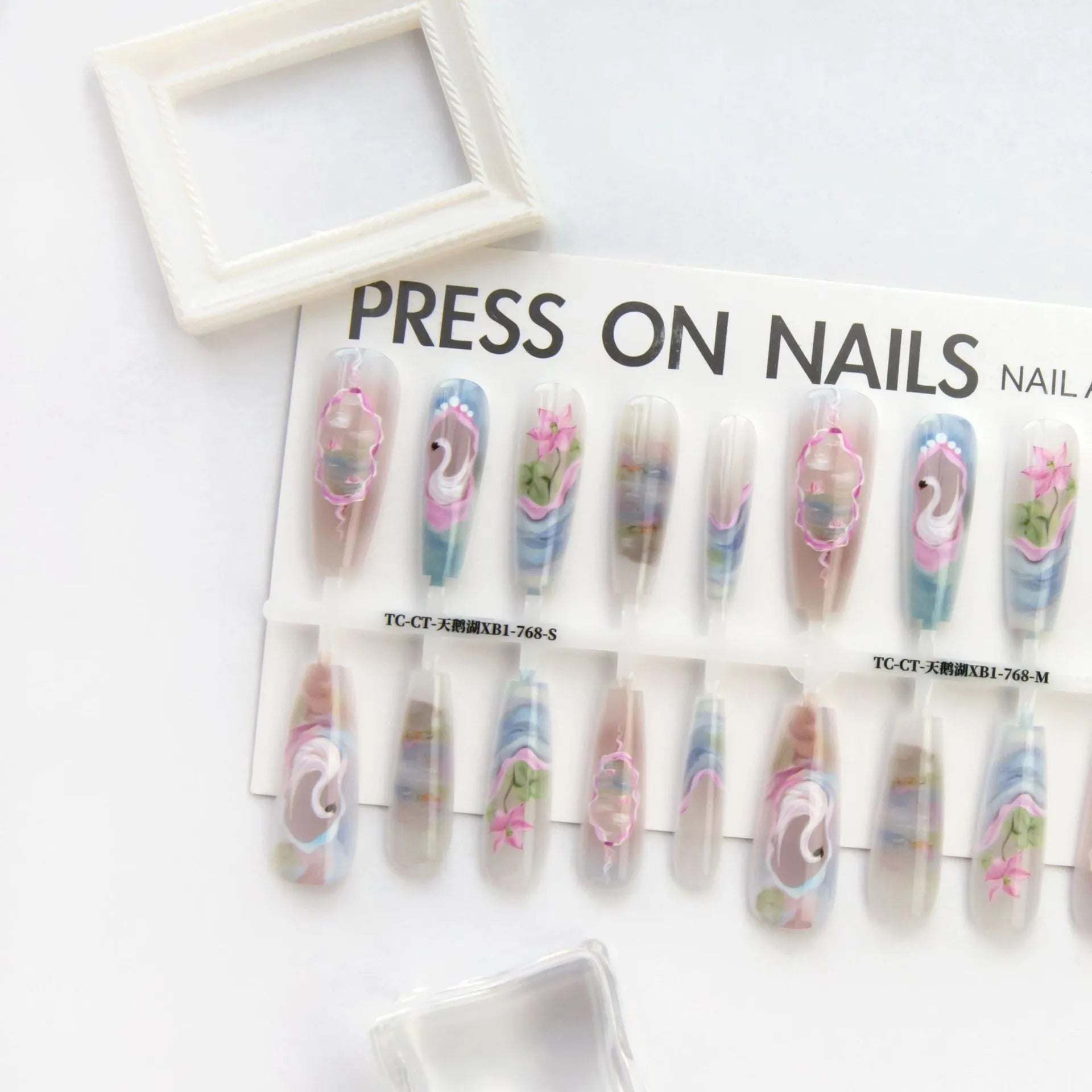 Retro Swan Lake artificial nail tips set in long ladder shape with three finish options: matte, glossy, suede frosted