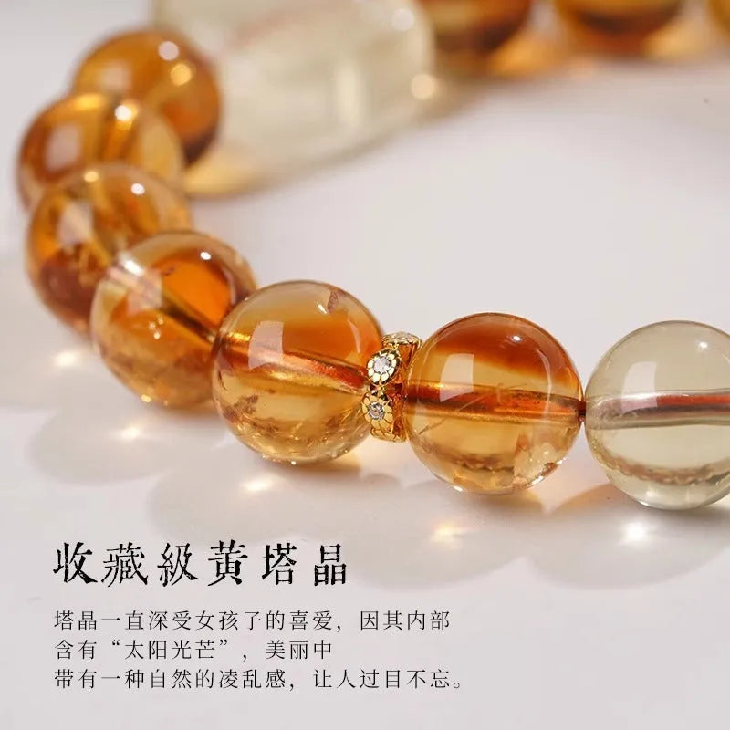 Women's carved citrine bracelet with geometric 10mm crystal beads and ethnic style detailing