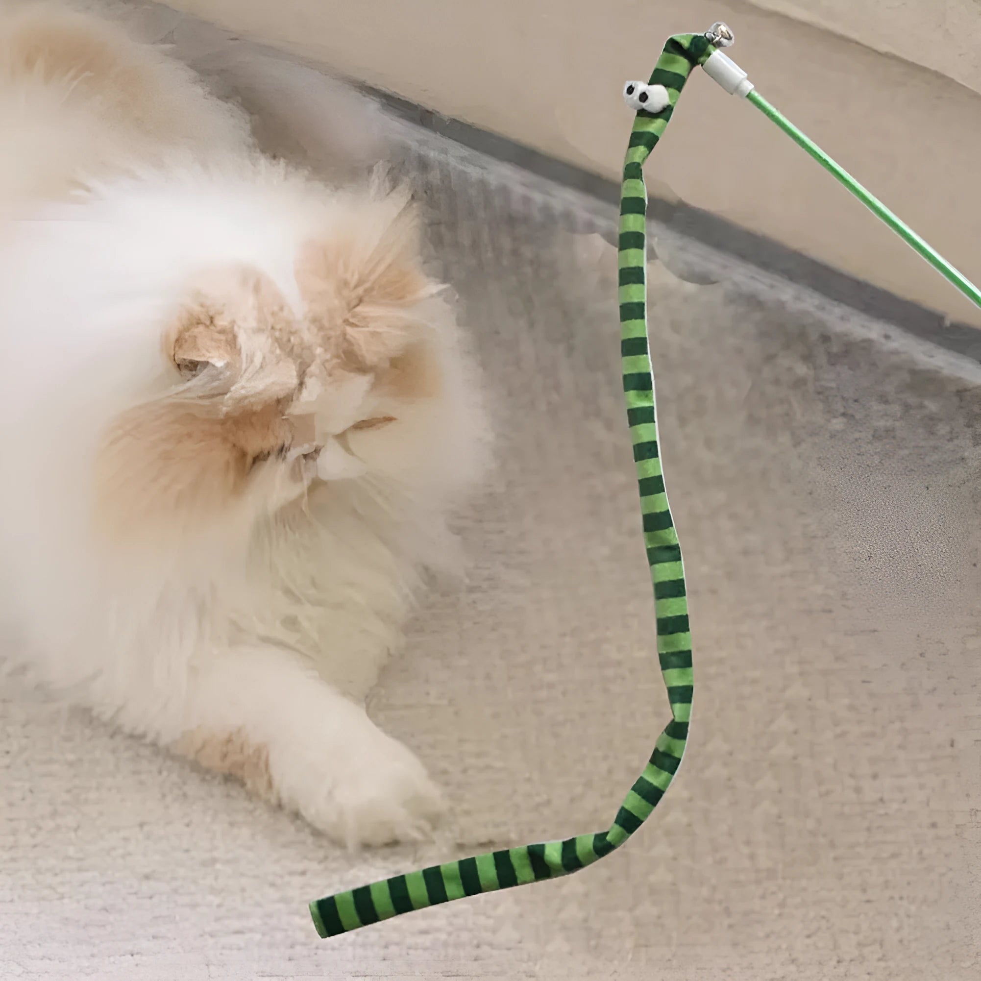 Plush cat teaser wand toy with colourful strip and bell on polycarbonate pole