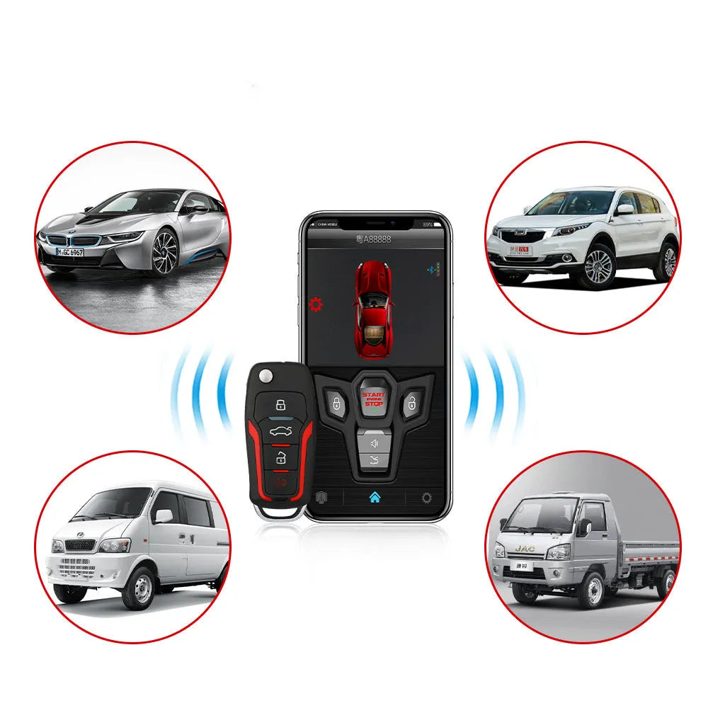 Red and frosted black car alarm system with two remote controls for vehicle security