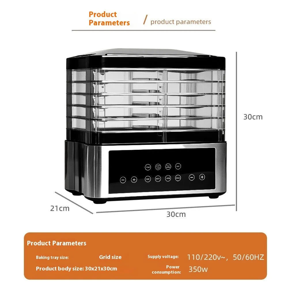 Silver stainless steel fruit dehydrator with 14L capacity and control panel for drying food at home