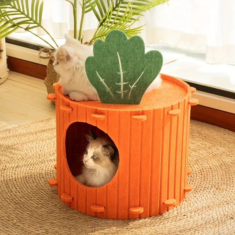 Carrot-orange semi-enclosed felt cat tunnel nest for play and sleeping.
