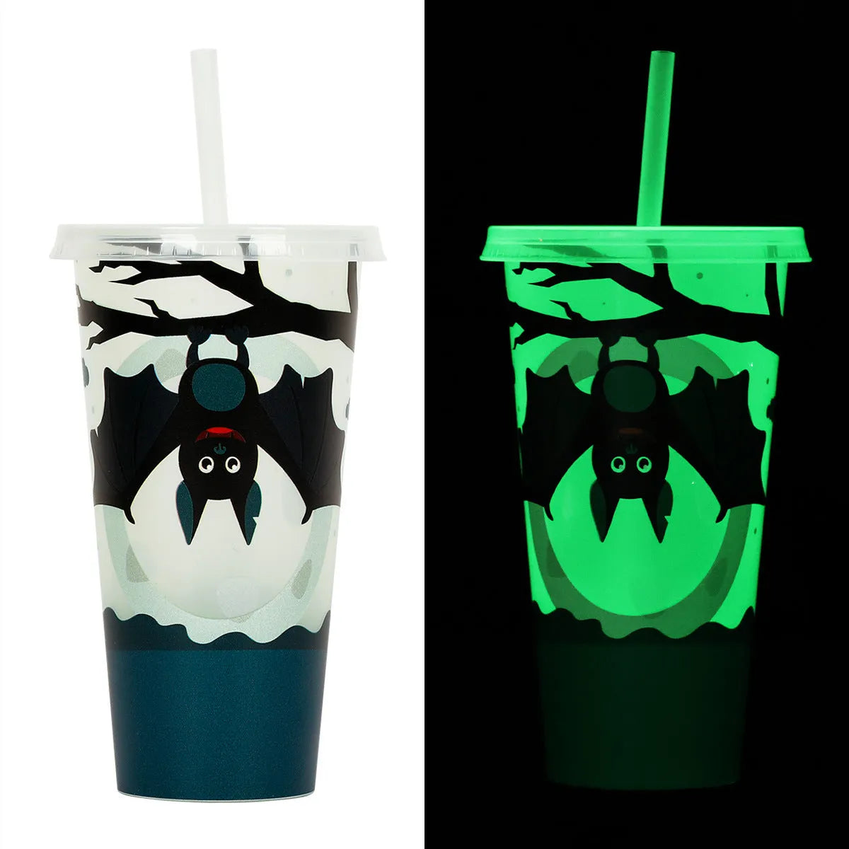 Halloween-themed luminous plastic straw cup with 720ml capacity and a red straw.
