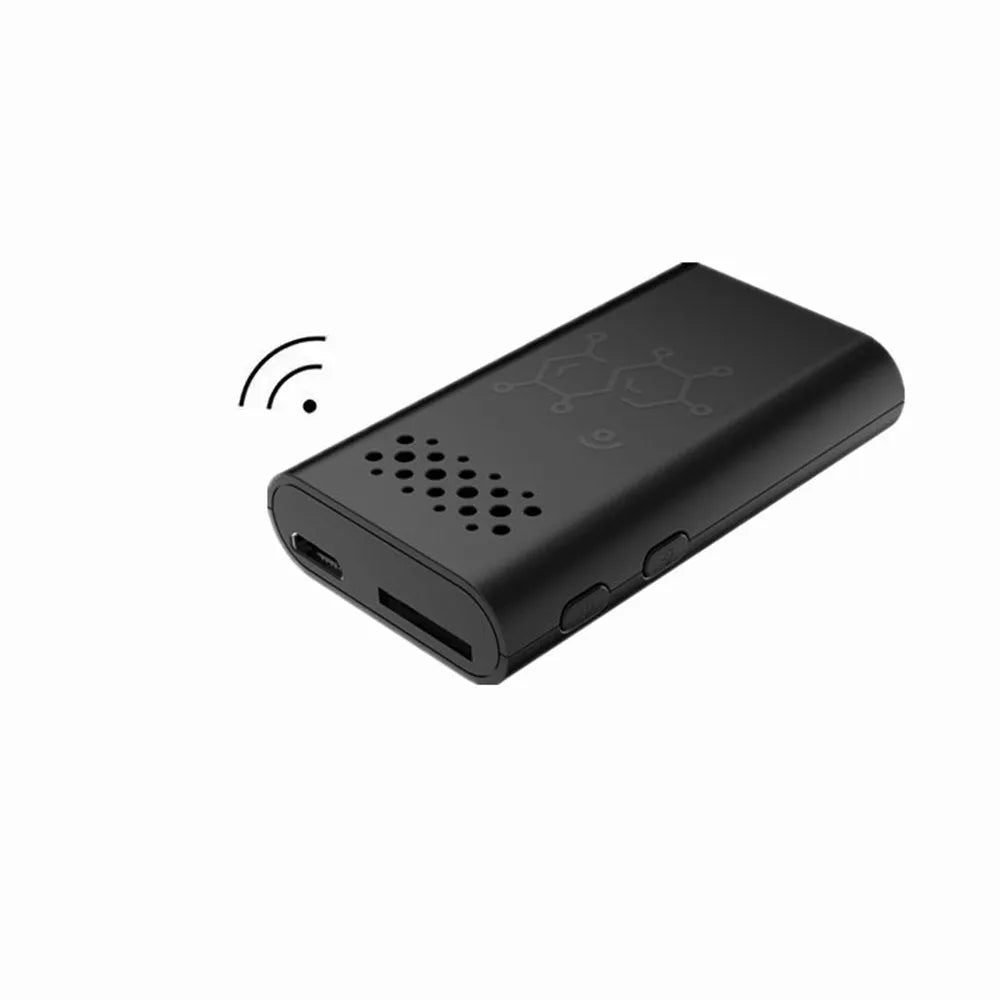 Black WiFi security camera with mobile phone showing live video feed for indoor monitoring