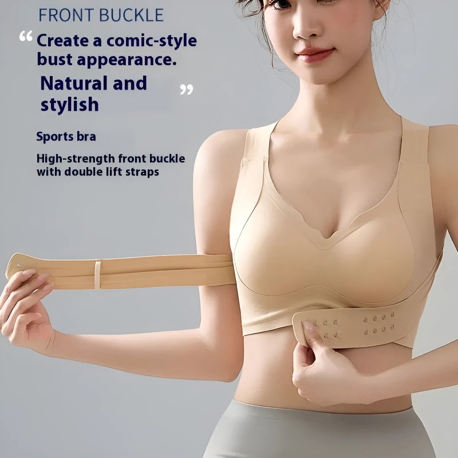 Women's black sports bra with front buckle closure and contoured back design for yoga.