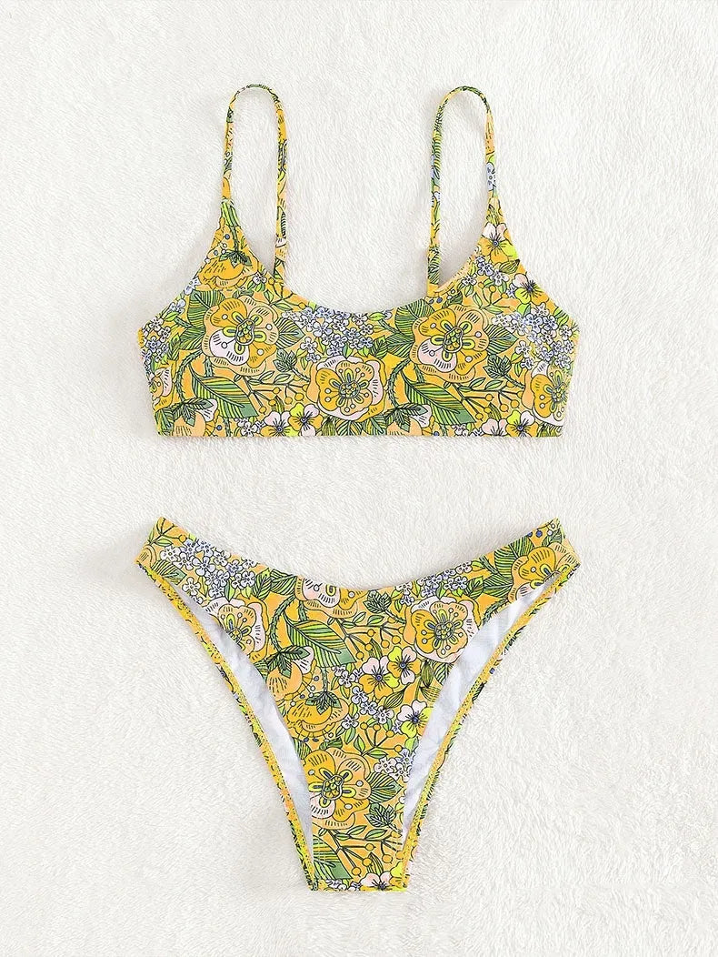 New printed polyester sling bikini set in peacock blue with brief bottoms, front view