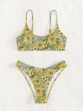 New printed polyester sling bikini set in peacock blue with brief bottoms, front view