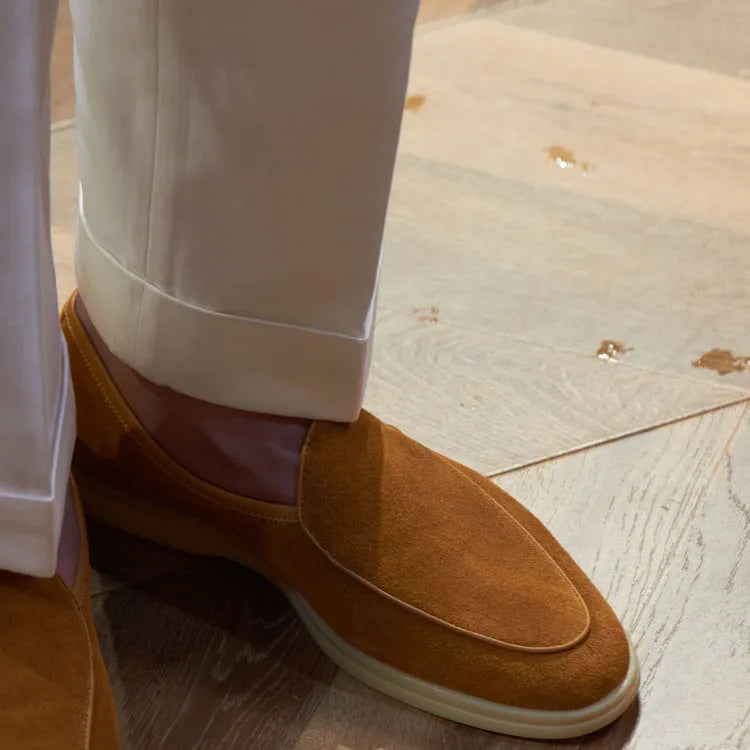 Men's genuine leather loafers in brown with a TPR sole and low tube sock design.
