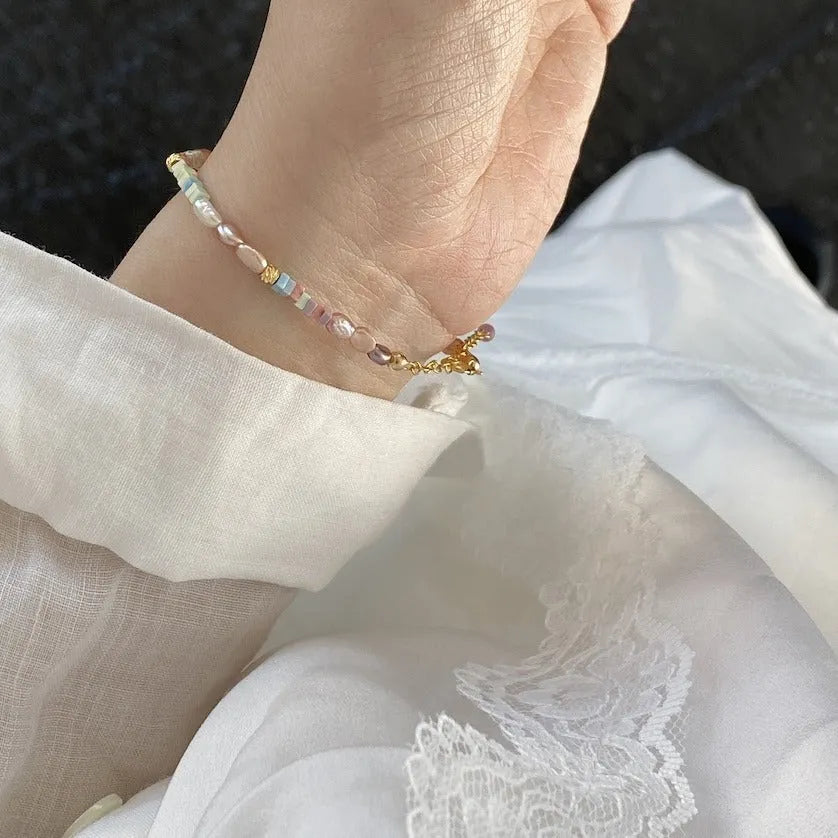 Purple and silver natural pearl bracelet and necklace set with 14K gilded finish