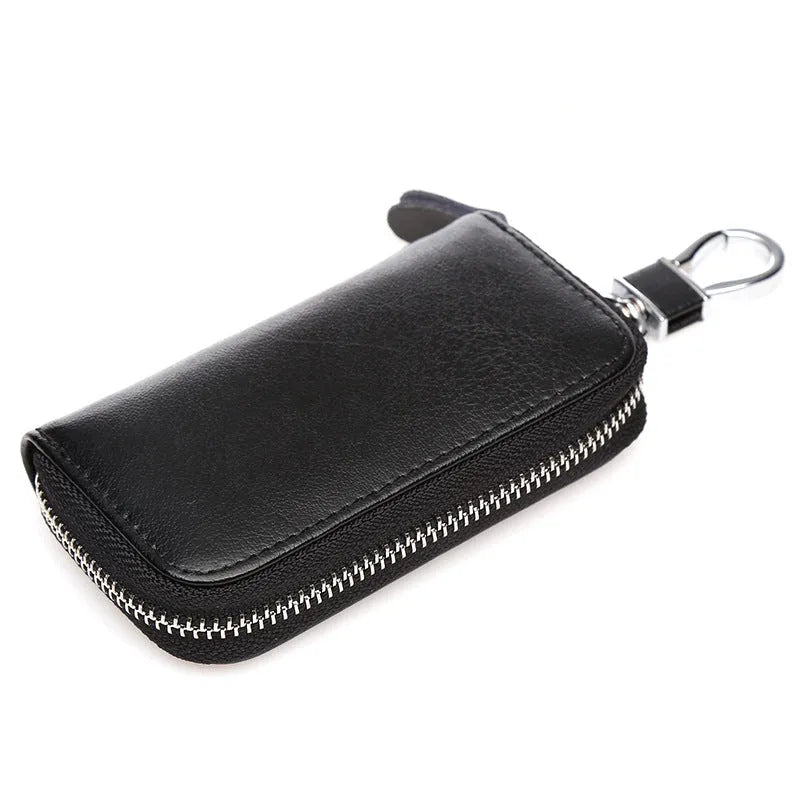 Men's handmade cow split leather zipper key case in solid colour with retro leather pattern