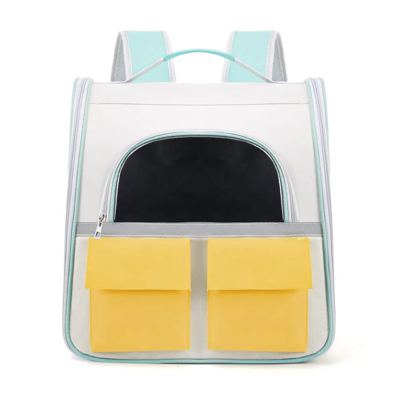 Cat backpack with transparent acrylic front and Oxford cloth body in white and yellow colour scheme
