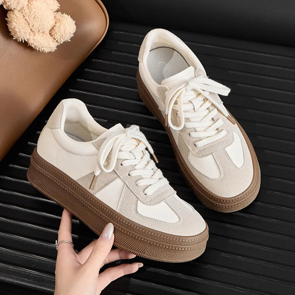 Retro beige and silver sports shoes with cross straps and round toe