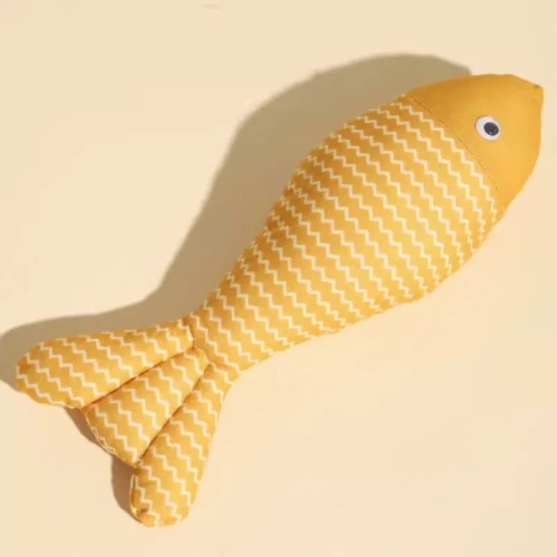 Large yellow catnip fish toy measuring 39cm long for feline play and teeth grinding