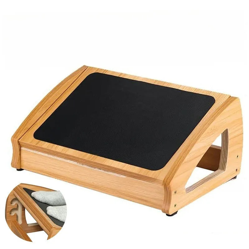 Natural wood colour adjustable bamboo office desk footstool showing height adjustment mechanism