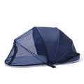 Blue half mesh folding pet tent for cats, shown in a collapsed and portable state.