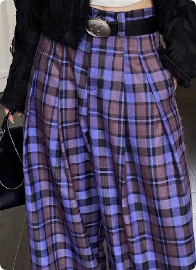 purple plaid high-waisted wide-leg casual pants retro Hong Kong style women