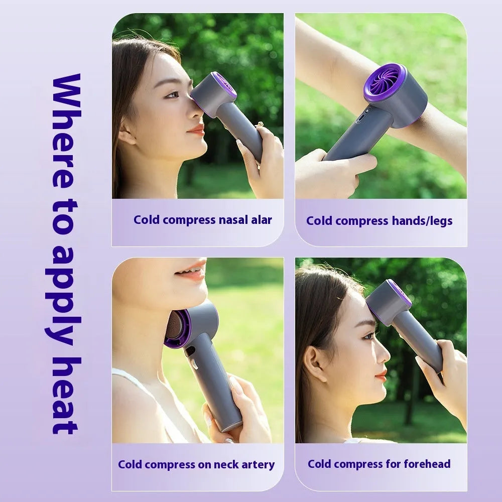 Portable handheld turbo fan with semiconductor refrigeration, 3000mAh battery, adjustable wind speeds, 58x60.5x170mm, white colour option