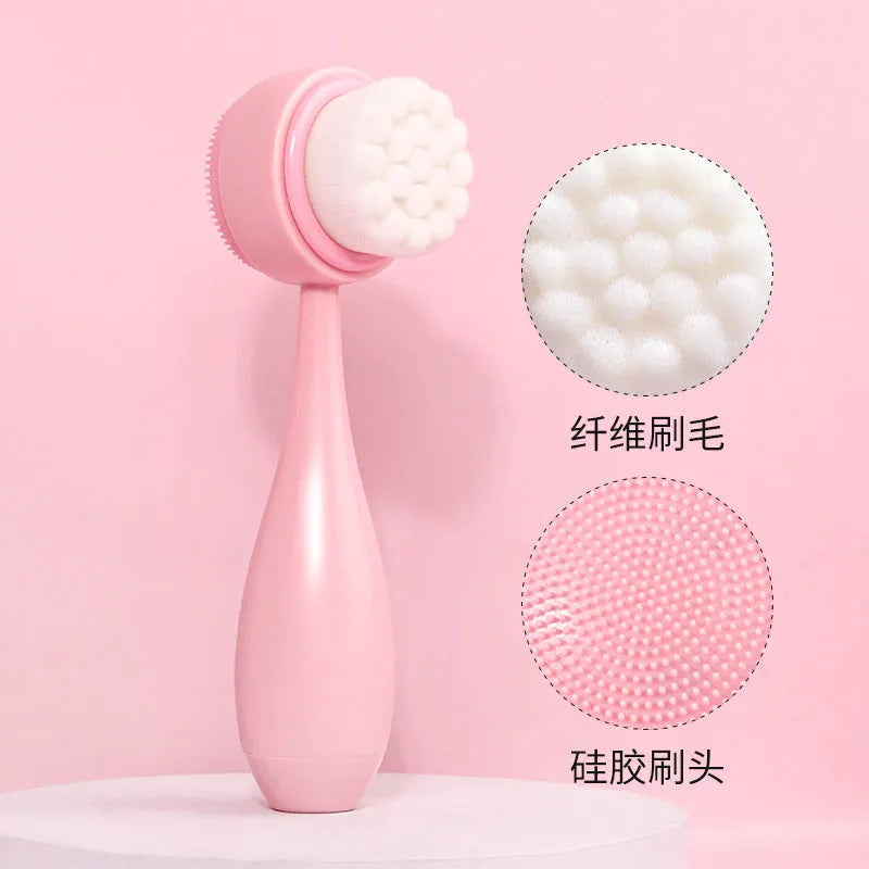 Facial brush set with coral fleece hair band and four nylon brush heads in purple grey white pink colours