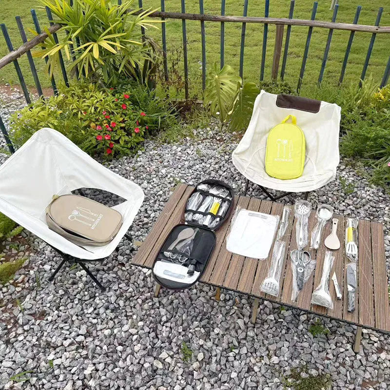12-piece stainless steel picnic cutlery set in khaki storage bag with fork knife spoon utensils